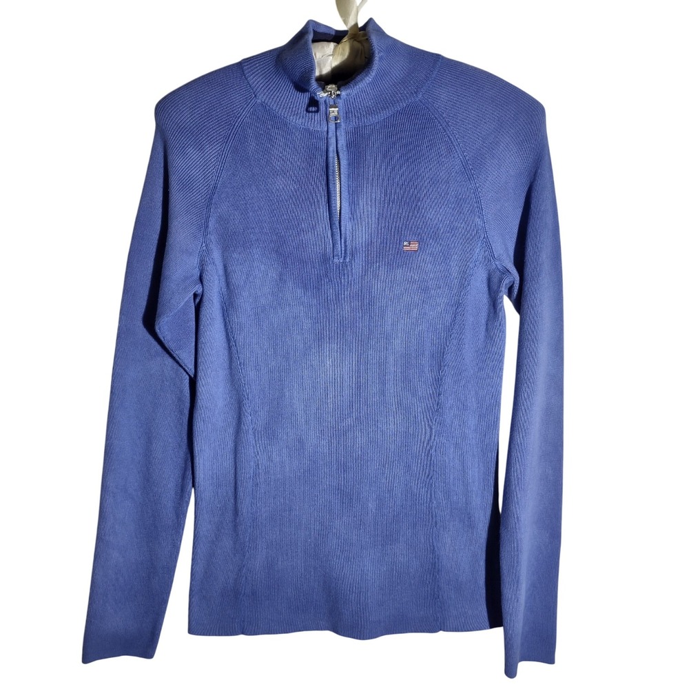 Polo Jeans Company 1/4 Zip Pullover Ribbed Knit Sweater Blue Medium‎